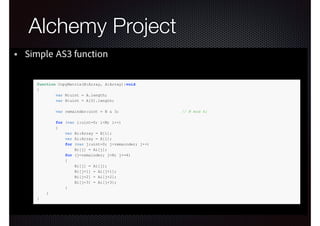 ActionScript3 + LLVM?

Alchemy Project

Simple AS3 function
function CopyMatrix(B:Array, A:Array):void
{
var M:uint = A.length;
var N:uint = A[0].length;
var remainder:uint = N & 3;
for (var i:uint=0; i<M; i++)
{
var Bi:Array = B[i];
var Ai:Array = A[i];
for (var j:uint=0; j<remainder; j++)
Bi[j] = Ai[j];
for (j=remainder; j<N; j+=4)
{
Bi[j] = Ai[j];
Bi[j+1] = Ai[j+1];
Bi[j+2] = Ai[j+2];
Bi[j+3] = Ai[j+3];
}
}
}

// N mod 4;

 