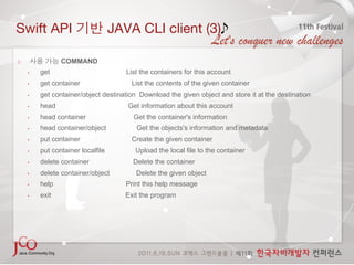 Swift API                          JAVA CLI client (3)

                COMMAND
    •    get                          List the containers for this account
    •    get container                 List the contents of the given container
    •    get container/object destination Download the given object and store it at the destination
    •    head                         Get information about this account
    •    head container                 Get the container's information
    •    head container/object           Get the objects's information and metadata
    •    put container                 Create the given container
    •    put container localfile         Upload the local file to the container
    •    delete container               Delete the container
    •    delete container/object         Delete the given object
    •    help                         Print this help message
    •    exit                         Exit the program
 