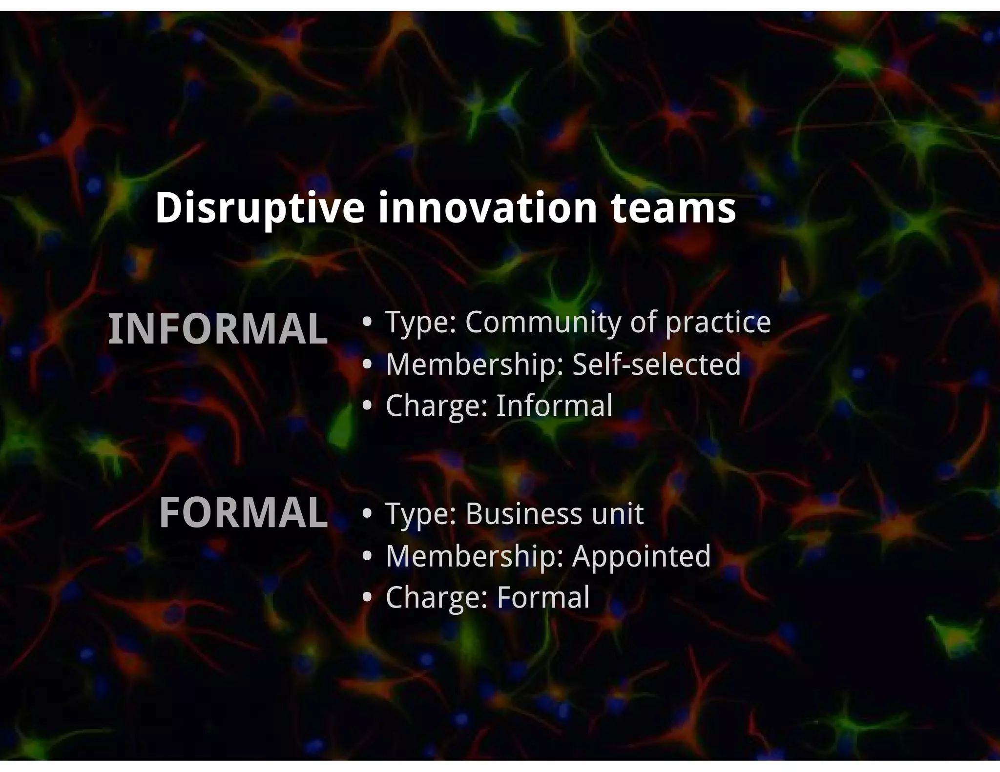 Disruptive innovation teams

INFORMAL • Type: Community of practice
              • Membership: Self-selected
              • Charge: Informal

  FORMAL • Type: Business unit
              • Membership: Appointed
              • Charge: Formal
 