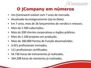 O jCompany em números
• Um framework estável com 7 anos de mercado.
• Atualizado tecnologicamente (Up-to-Date).
• Em 7 anos, mais de 26 lançamentos de versões e releases.
• Mais de 1.500 subscrições.
• Mais de 200 clientes corporativos e órgãos públicos.
• Mais de 1.100 projetos em produção.
• Mais de 180.000 Pontos de Função desenvolvidos.
• 3.421 profissionais treinados.
• 111 profissionais certificados.
• 54.736 horas de treinamento já realizados.
• 164.208 horas de mentorias já realizadas.
 