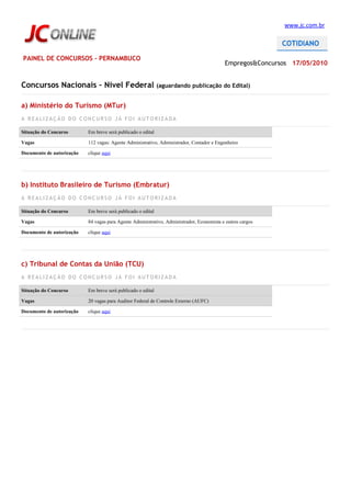 www.jc.com.br




PAINEL DE CONCURSOS - PERNAMBUCO
                                                                                           Empregos&Concursos 17/05/2010


Concursos Nacionais – Nível Federal (aguardando publicação do Edital)

a) Ministério do Turismo (MTur)
A REALIZAÇÃO DO CONCURSO JÁ FOI AUTORIZADA

Situação do Concurso       Em breve será publicado o edital

Vagas                      112 vagas: Agente Administrativo, Administrador, Contador e Engenheiro

Documento de autorização   clique aqui




b) Instituto Brasileiro de Turismo (Embratur)
A REALIZAÇÃO DO CONCURSO JÁ FOI AUTORIZADA

Situação do Concurso       Em breve será publicado o edital

Vagas                      84 vagas para Agente Administrativo, Administrador, Economista e outros cargos

Documento de autorização   clique aqui




c) Tribunal de Contas da União (TCU)
A REALIZAÇÃO DO CONCURSO JÁ FOI AUTORIZADA

Situação do Concurso       Em breve será publicado o edital

Vagas                      20 vagas para Auditor Federal de Controle Externo (AUFC)

Documento de autorização   clique aqui
 