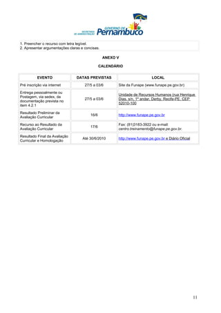 1. Preencher o recurso com letra legível.
2. Apresentar argumentações claras e concisas.

                                                 ANEXO V

                                               CALENDÁRIO


          EVENTO                DATAS PREVISTAS                            LOCAL

Pré inscrição via internet           27/5 a 03/6       Site da Funape (www.funape.pe.gov.br)

Entrega pessoalmente ou
                                                       Unidade de Recursos Humanos (rua Henrique
Postagem, via sedex, da
                                     27/5 a 03/6       Dias, s/n, 1º andar, Derby, Recife-PE. CEP
documentação prevista no
                                                       52010-100
item 4.2.1

Resultado Preliminar da
                                        16/6           http://www.funape.pe.gov.br
Avaliação Curricular

Recurso ao Resultado da                                Fax: (81)3183-3922 ou e-mail:
                                        17/6
Avaliação Curricular                                   centro.treinamento@funape.pe.gov.br.

Resultado Final da Avaliação
                                    Até 30/6/2010      http://www.funape.pe.gov.br e Diário Oficial
Curricular e Homologação




                                                                                                      11
 