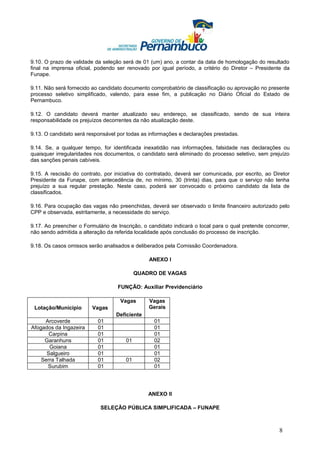 9.10. O prazo de validade da seleção será de 01 (um) ano, a contar da data de homologação do resultado
final na imprensa oficial, podendo ser renovado por igual período, a critério do Diretor – Presidente da
Funape.

9.11. Não será fornecido ao candidato documento comprobatório de classificação ou aprovação no presente
processo seletivo simplificado, valendo, para esse fim, a publicação no Diário Oficial do Estado de
Pernambuco.

9.12. O candidato deverá manter atualizado seu endereço, se classificado, sendo de sua inteira
responsabilidade os prejuízos decorrentes da não atualização deste.

9.13. O candidato será responsável por todas as informações e declarações prestadas.

9.14. Se, a qualquer tempo, for identificada inexatidão nas informações, falsidade nas declarações ou
quaisquer irregularidades nos documentos, o candidato será eliminado do processo seletivo, sem prejuízo
das sanções penais cabíveis.

9.15. A rescisão do contrato, por iniciativa do contratado, deverá ser comunicada, por escrito, ao Diretor
Presidente da Funape, com antecedência de, no mínimo, 30 (trinta) dias, para que o serviço não tenha
prejuízo a sua regular prestação. Neste caso, poderá ser convocado o próximo candidato da lista de
classificados.

9.16. Para ocupação das vagas não preenchidas, deverá ser observado o limite financeiro autorizado pelo
CPP e observada, estritamente, a necessidade do serviço.

9.17. Ao preencher o Formulário de Inscrição, o candidato indicará o local para o qual pretende concorrer,
não sendo admitida a alteração da referida localidade após conclusão do processo de inscrição.

9.18. Os casos omissos serão analisados e deliberados pela Comissão Coordenadora.

                                                ANEXO I

                                            QUADRO DE VAGAS

                                   FUNÇÃO: Auxiliar Previdenciário

                                    Vagas       Vagas
 Lotação/Município       Vagas                  Gerais
                                   Deficiente
     Arcoverde             01                     01
Afogados da Ingazeira      01                     01
       Carpina             01                     01
     Garanhuns             01          01         02
       Goiana              01                     01
      Salgueiro            01                     01
    Serra Talhada          01          01         02
      Surubim              01                     01




                                                ANEXO II

                            SELEÇÃO PÚBLICA SIMPLIFICADA – FUNAPE



                                                                                                     8
 