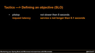 @KoTurk77 The Battle of the IDEs #Devnexus@KoTurk77Monitoring your Spring Boot and Micronaut microservices with Micrometer
Tactics —> Defining an objective (SLO)
not slower then 8 seconds
service x not longer then 0.1 seconds
• pitstop
request latency
 