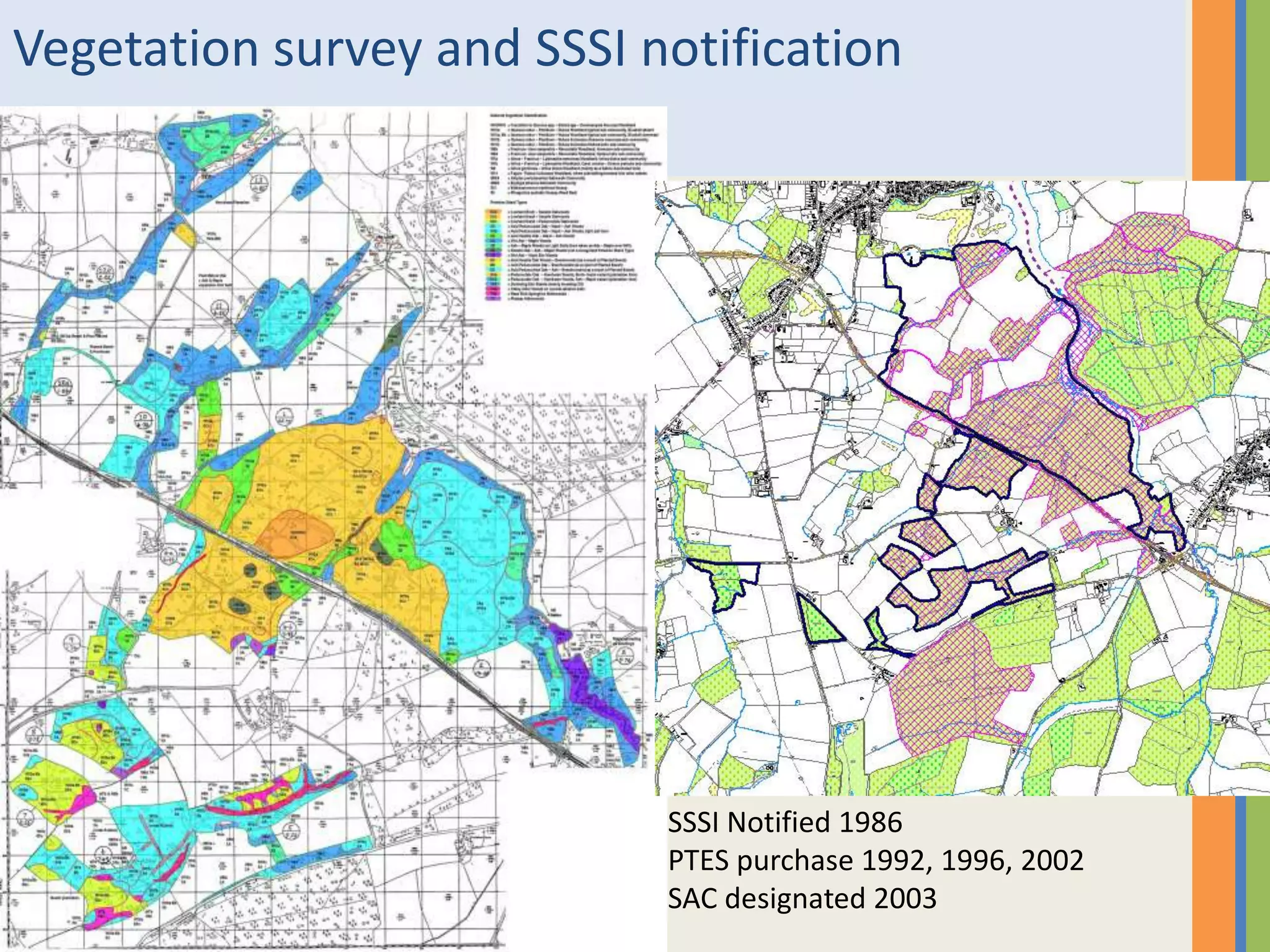 Vegetation survey and SSSI notification
SSSI Notified 1986
PTES purchase 1992, 1996, 2002
SAC designated 2003
 
