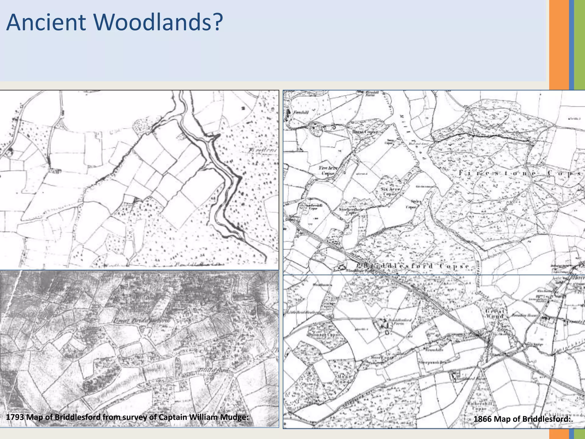 Ancient Woodlands?
1866 Map of Briddlesford:.1793 Map of Briddlesford from survey of Captain William Mudge:
 
