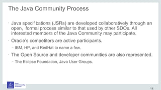 The Java Community Process
•
Java specif ications (JSRs) are developed collaboratively through an
open, formal process similar to that used by other SDOs. All
interested members of the Java Community may participate.
•
Oracle’s competitors are active participants.
– IBM, HP, and RedHat to name a few.
•
The Open Source and developer communities are also represented.
– The Eclipse Foundation, Java User Groups.
14
 