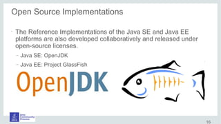 Open Source Implementations
•
The Reference Implementations of the Java SE and Java EE
platforms are also developed collaboratively and released under
open-source licenses.
– Java SE: OpenJDK
– Java EE: Project GlassFish
16
 