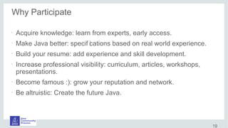 Why Participate
•
Acquire knowledge: learn from experts, early access.
•
Make Java better: specif ications based on real world experience.
•
Build your resume: add experience and skill development.
•
Increase professional visibility: curriculum, articles, workshops,
presentations.
•
Become famous :): grow your reputation and network.
•
Be altruistic: Create the future Java.
19
 