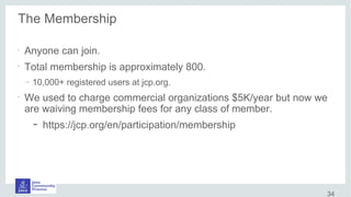 The Membership
•
Anyone can join.
•
Total membership is approximately 800.
– 10,000+ registered users at jcp.org.
•
We used to charge commercial organizations $5K/year but now we
are waiving membership fees for any class of member.
– https://jcp.org/en/participation/membership
34
 