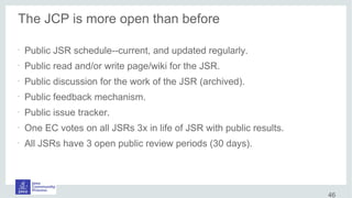 The JCP is more open than before
•
Public JSR schedule--current, and updated regularly.
•
Public read and/or write page/wiki for the JSR.
•
Public discussion for the work of the JSR (archived).
•
Public feedback mechanism.
•
Public issue tracker.
•
One EC votes on all JSRs 3x in life of JSR with public results.
•
All JSRs have 3 open public review periods (30 days).
46
 