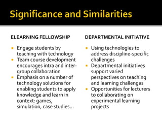 Significance and SimilaritieseLearning fellowshipEngage students by teaching with technologyTeam course development encourages intra and inter-group collaborationEmphasis on a number of technology solutions for enabling students to apply knowledge and learn in context: games, simulation, case studies…Departmental initiativeUsing technologies to address discipline-specific challengesDepartmental initiatives support varied perspectives on teaching and learning challengesOpportunities for lecturers to collaborating on experimental learning projects