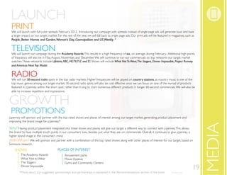 LAUNCH
 PRINT
 We will launch with full-color spreads February, 2012. Introducing our campaign with spreads instead of single page ads will generate buzz and have
 a larger impact on our target market. For the rest of the year, we will fall back to single page ads. Our print ads will be featured in magazines, such as
 People, Better Homes and Garden,Woman’s Day, Cosmopolitan and US Weekly. *


 TELEVISION




                                                                                                                                                               Media
 We will launch our campaign during the Academy Awards. This results in a high frequency of six, on average, during February. Additional high points
 of frequency will also be in May, August, November, and December. We will continue to run our commercials on top networks our target market
 watches. These networks include Lifetime, ABC, HGTV,TLC and E!. Shows will include What Not To Wear,The Stagers, Dinner Impossible, Project Runway
 and Americas Next Top Model.


 RADIO
 We will run 30-second radio spots in the top radio markets. Higher frequencies will be played on country stations, as country music is one of the
 top music genres among our target market. 30-second radio spots will also be cost effective since we can focus on one of the myriad of products
 featured in jcpenney within the short spot, rather than trying to cram numerous different products in longer 60-second commercials. We will also be
 able to increase repetition and impressions.


GROWTH
 PROMOTIONS
jcpenney will sponsor and partner with the top rated shows and places of interest among our target market, generating product placement and
improving the brand image for jcpenney.*




                                                                                                                                                              MEDIA
Why? Having product placement integrated into these shows and places will give our target a different way to connect with jcpenney. This allows
the brand to have multiple touch points in our consumers’ lives, besides just what they see on commercials. Overall, it continues to give jcpenney a
higher brand image in the consumer’s mind.
With Whom? We will sponsor and partner with a combination of the top rated shows along with other places of interest for our target, based on
Simmons research.
    SHOWS
    SWOHS                              PLACES OF INTEREST
                                       TSERETNI FO SECALP
         The Academy Awards                  Amusement parks
         What Not to Wear                    Movie theatres
         The Stagers                         Gyms and Community Centers
         Dinner Impossible
                                                                                                                                                         19
        *More about our suggested sponsorships and partnerships is explained in the Recommendations section of the book.               *Simmons, 2009
 