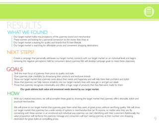 GOALS
HOW
NEXT STEPS?
WHAT WE FOUND
RESULTS
Create a campaign that personally addresses our target market, connects with our target market on an individual level, and begins
removing the negative perceptions held by consumers about jcpenney.We will develop campaign goals to meet these objectives.
WHAT WE FOUND
HOW
Our target market holds misconceptions of the jcpenney brand and merchandise
These women are looking for a personal connection to the stores they shop at
Our target market is searching for affordable prices and convenient shopping destinations
NEXT STEPS?
With our creative executions, we will accomplish these goals by showing the target market that jcpenney offers desirable, stylish and
practical merchandise.
connecting with these women in an emotional and individual way, jcpenney can start identifying with their customers.Additionally, the
value proposition will reinforce the jcpenney message and consumers will start seeing jcpenney as their number one shopping
destination for great styles at compelling prices.
?
Shift the main focus of jcpenney from price, to quality and style
Give jcpenney style credibility by showcasing their products and exclusive brands
Show that jcpenney can help restore simplicity into our target market’s lives with easy, get in and get out ideals
Prove that jcpenney recognizes individuality and offers a huge range of products that they feel were made for them
GOALS
Our goals address both value and emotional needs desired by our target market.
9
 
