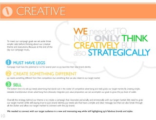 SELL
CREATE SOMETHING DIFFERENT
MUST HAVE LEGS
CREATIVECREATIVE
To meet our campaign goals we set aside three
simple rules before thinking about our creative
theme and executions. Because at the end of the
day our campaign must...
Overall, the strategy behind our theme is to create a campaign that resonates personally and emotionally with our target market.We need to grab
our target market while still staying true to jcp’s brand identity. jcp needs ads that have a simple and clear message, but that can also break through
all the clutter and allow our target market to connect with the jcp brand.
We needed to connect with our target audience in a new and interesting way, while still highlighting jcp’s fabulous brands and styles.
1 MUST HAVE LEGS
Campaign must have the potential to run for several years as jcp launches their new brand identity
2 CREATE SOMETHING DIFFERENT
jcp needs something different from their competitors, but something that can also relate to our target market
3 SELL
The bottom line is to sell. jcp needs advertising that stands out in the clutter of competitive advertising and really grabs our target market. By creating simple,
relatable, brand/product driven advertising that cohesively integrates jcp’s value proposition, we can accomplish our goals to grow the jcp share of wallet.
WE neededTO
NOT ONLYTHINK
CREATIVELY BUT
also STRATEGICALLY
10
 