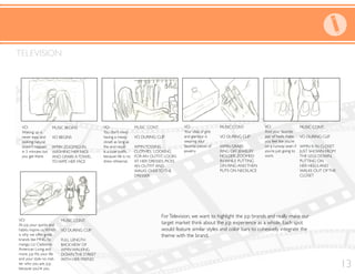 MUSIC BEGINS
VO BEGINS
WMN ZOOMED IN
WASHING HER FACE
AND GRABS ATOWEL
TO WIPE HER FACE
VO:
You don’t mind
having a messy
closet as long as
the end result
because life is no
dress rehearsal.
VO:
Waking up is
never easy and
looking natural
doesn’t happen
in 5 minutes but
you get there.
MUSIC CONT,
VO DURING CLIP
WMNTOSSING
CLOTHES, LOOKING
FOR AN OUTFIT, LOOKS
AT HER DRESSES, PICKS
AN OUTFIT AND
WALKS OVERTOTHE
DRESSER
VO:
Your idea of glitz
and glamour is
wearing your
favorite pieces of
jewelry.
MUSIC CONT.
VO DURING CLIP
WMN GRABS
RING OFF JEWELRY
HOLDER. ZOOMED
IN WHILE PUTTING
ON RING ANDTHEN
PUTS ON NECKLACE
VO:
At jcp, your quirks and
habits inspire us.Which
is why we offer great
brands like MNG by
mango, Liz Claiborne,
American Living and
and your style no mat-
ter who you are. jcp,
because you’re you.
MUSIC CONT.
VO DURING CLIP
FULL LENGTH
BACKVIEW OF
WMN WALKING
DOWNTHE STREET
WITH HER FRIEND.
TELEVISION
ForTelevision, we want to highlight the jcp brands and really make our
target market think about the jcp experience as a whole. Each spot
would feature similar styles and color bars to cohesively integrate the
theme with the brand.
VO:
And your favorite
pair of heels make
you feel like you’re
on a runway even if
you’re just going to
work.
MUSIC CONT.
VO DURING CLIP
WMN IS IN CLOSET
JUST SHOWN FROM
THE LEGS DOWN,
PUTTING ON
HER HEELS AND
WALKS OUT OFTHE
CLOSET
13
 