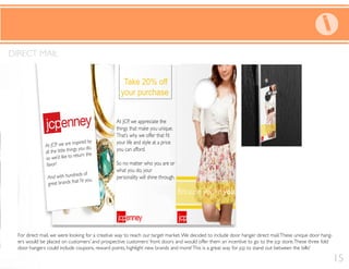 For direct mail, we were looking for a creative way to reach our target market.We decided to include door hanger direct mail.These unique door hang-
ers would be placed on customers’ and prospective customers’ front doors and would offer them an incentive to go to the jcp store.These three fold
door hangers could include coupons, reward points, highlight new brands and more!This is a great way for jcp to stand out between the bills!
DIRECT MAIL
15
 