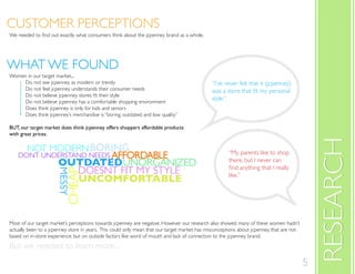 WHAT WE FOUND
CUSTOMER PERCEPTIONS
RESEARCHRESEARCH
CUSTOMER PERCEPTIONS
Most of our target market’s perceptions towards jcpenney are negative. However our research also showed many of these women hadn’t
actually been to a jcpenney store in years. This could only mean that our target market has misconceptions about jcpenney, that are not
based on in-store experience, but on outside factors like word of mouth and lack of connection to the jcpenney brand.
But we needed to learn more...
NOT MODERN
DONT UNDERSTAND NEEDS
BORING
OUTDATED
CHEAP
DOESNT FIT MY STYLE
AFFORDABLE
UNORGANIZED
MESSY
UNCOMFORTABLE
Women in our target market...
Do not see jcpenney as modern or trendy
Do not feel jcpenney understands their consumer needs
Do not believe jcpenney has a comfortable shopping environment
Does think jcpenney is only for kids and seniors
Does think jcpenney’s merchandise is “boring, outdated, and low quality”
BUT, our target market does think jcpenney offers shoppers affordable products
with great prices.
WHAT WE FOUND
“I’ve never felt that it (jcpenney)
style.”
“My parents like to shop
there, but I never can
like.”
5
 