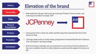 Price
Personality
History
Place &
Presentation
Product
Promotion
Conclusion
Elevation of the brand
• Rebranded the old-age retail store by removing “Penney” from its name, and
reducing its moniker to simply “JCP.”
• Came paired with a sleek red, white and blue logo that channeled the feel of the
American Flag
• The logo shape took on a boxy shape, going hand-in-hand with Johnson’s infamous
“Fair and Square” pricing strategy.
• New brand name and logo was not tested prior to its launch, the first indicator of
the over-confident manner in which Johnson would move throughout his tenure at
JCP.
 
