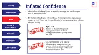 History
Place &
Presentation
Product
Promotion
Conclusion
Inflated Confidence
Personality
Price
• Johnson had failed to pilot the new pricing strategy in a smaller region
prior to a national rollout.
• He had an inflated sense of confidence stemming from his tremendous
success at both Target and Apple, which led to implementing ideas without
adequate testing.
 