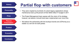 History
Product
Promotion
Conclusion
• They were crippled by hundreds of custom legacy applications whose
maintenance took up 95 percent of their $400 million IT budget in 2011
• The Project Management team agrees with the vision of his strategy,
however, we believe it should have been implemented over more time.
• We believe the partnership with the boutique brands and JCPenney as a
retailer is a win-win for both parties
Partial flop with customers
Personality
Price
Place &
Presentation
 