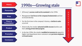 Price
Personality
History
Place &
Presentation
Product
Promotion
Conclusion
• JCPenney’s success could not be sustained in the 1990s
• Management lost focus on the company fundamentals and lost
its brand identity
• For the first time in the company’s history, a decline in sales
occurred
• Historically, the retailer attracted middle-income families and
had a strong private label program.
• In the late 1990s, the retailer modified its inventory to appeal to
higher-end department store customers and put more emphasis
on brand names
1990s—Growing stale
D
E
C
L
I
N
G
S
A
L
E
S
 