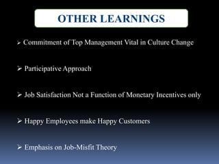 OTHER LEARNINGS
 Commitment of Top Management Vital in Culture Change
 Participative Approach
 Job Satisfaction Not a Function of Monetary Incentives only
 Happy Employees make Happy Customers
 Emphasis on Job-Misfit Theory
 