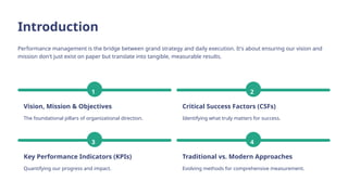 Introduction
Performance management is the bridge between grand strategy and daily execution. It's about ensuring our vision and
mission don't just exist on paper but translate into tangible, measurable results.
1
Vision, Mission & Objectives
The foundational pillars of organizational direction.
2
Critical Success Factors (CSFs)
Identifying what truly matters for success.
3
Key Performance Indicators (KPIs)
Quantifying our progress and impact.
4
Traditional vs. Modern Approaches
Evolving methods for comprehensive measurement.
 