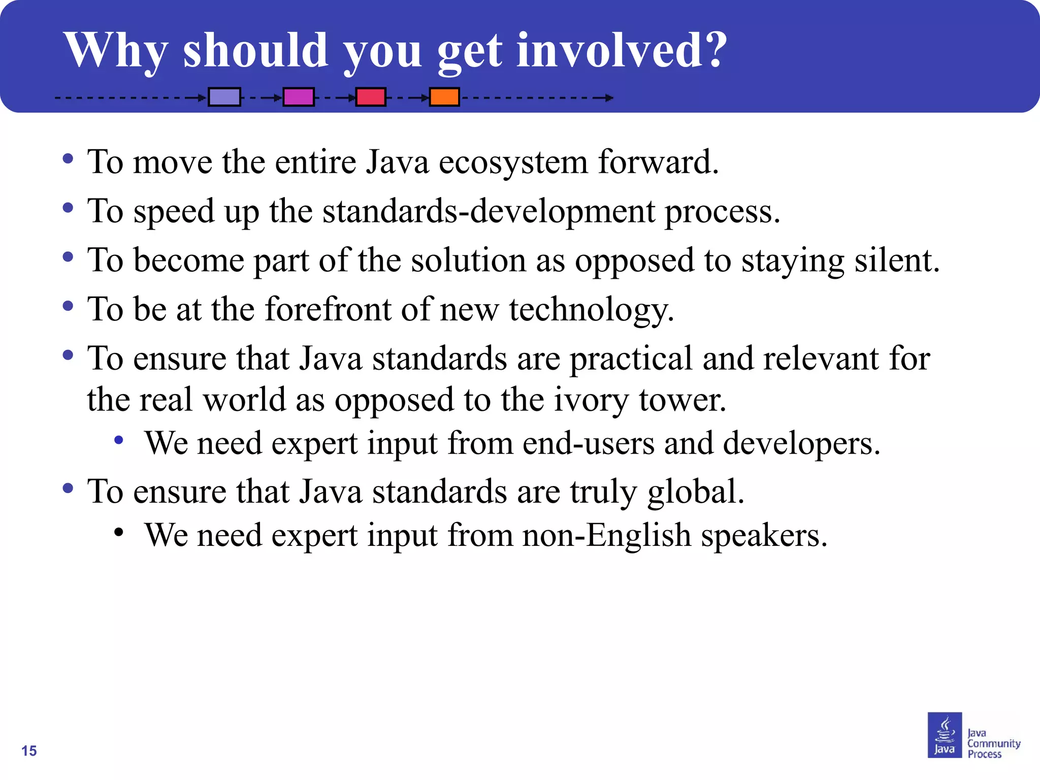 15
Why should you get involved?
• To move the entire Java ecosystem forward.
• To speed up the standards-development process.
• To become part of the solution as opposed to staying silent.
• To be at the forefront of new technology.
• To ensure that Java standards are practical and relevant for
the real world as opposed to the ivory tower.
• We need expert input from end-users and developers.
• To ensure that Java standards are truly global.
• We need expert input from non-English speakers.
 