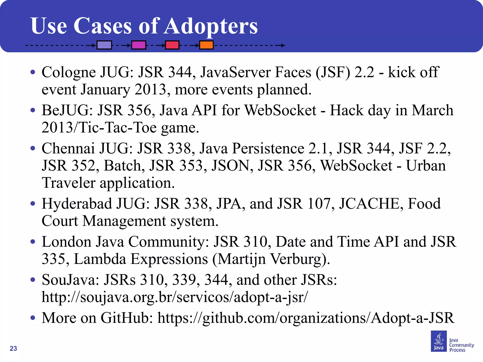 23
• Cologne JUG: JSR 344, JavaServer Faces (JSF) 2.2 - kick off
event January 2013, more events planned.
• BeJUG: JSR 356, Java API for WebSocket - Hack day in March
2013/Tic-Tac-Toe game.
• Chennai JUG: JSR 338, Java Persistence 2.1, JSR 344, JSF 2.2,
JSR 352, Batch, JSR 353, JSON, JSR 356, WebSocket - Urban
Traveler application.
• Hyderabad JUG: JSR 338, JPA, and JSR 107, JCACHE, Food
Court Management system.
• London Java Community: JSR 310, Date and Time API and JSR
335, Lambda Expressions (Martijn Verburg).
• SouJava: JSRs 310, 339, 344, and other JSRs:
http://soujava.org.br/servicos/adopt-a-jsr/
• More on GitHub: https://github.com/organizations/Adopt-a-JSR
Use Cases of Adopters
.
 