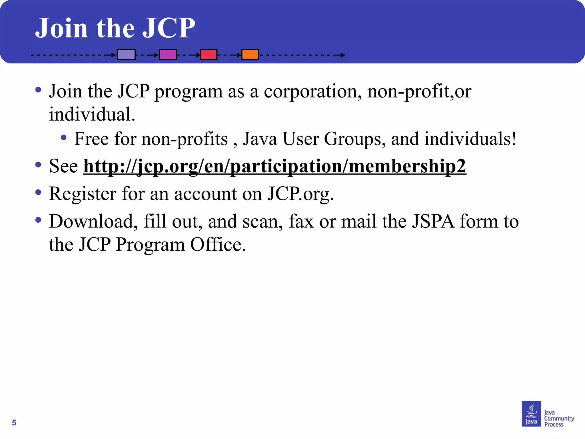 5
Join the JCP
• Join the JCP program as a corporation, non-profit,or
individual.
• Free for non-profits , Java User Groups, and individuals!
• See http://jcp.org/en/participation/membership2
• Register for an account on JCP.org.
• Download, fill out, and scan, fax or mail the JSPA form to
the JCP Program Office.
 