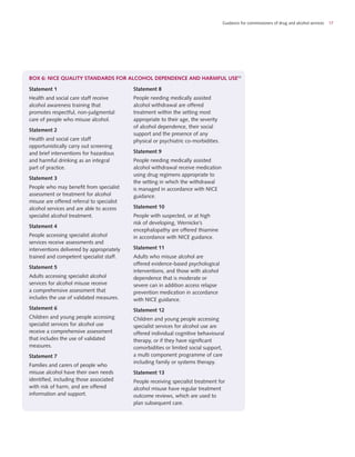 Guidance for commissioners of drug and alcohol services 17
Statement 1
Health and social care staff receive
alcohol awareness training that
promotes respectful, non-judgmental
care of people who misuse alcohol.
Statement 2
Health and social care staff
opportunistically carry out screening
and brief interventions for hazardous
and harmful drinking as an integral
part of practice.
Statement 3
People who may benefit from specialist
assessment or treatment for alcohol
misuse are offered referral to specialist
alcohol services and are able to access
specialist alcohol treatment.
Statement 4
People accessing specialist alcohol
services receive assessments and
interventions delivered by appropriately
trained and competent specialist staff.
Statement 5
Adults accessing specialist alcohol
services for alcohol misuse receive
a comprehensive assessment that
includes the use of validated measures.
Statement 6
Children and young people accessing
specialist services for alcohol use
receive a comprehensive assessment
that includes the use of validated
measures.
Statement 7
Families and carers of people who
misuse alcohol have their own needs
identified, including those associated
with risk of harm, and are offered
information and support.
Statement 8
People needing medically assisted
alcohol withdrawal are offered
treatment within the setting most
appropriate to their age, the severity
of alcohol dependence, their social
support and the presence of any
physical or psychiatric co-morbidities.
Statement 9
People needing medically assisted
alcohol withdrawal receive medication
using drug regimens appropriate to
the setting in which the withdrawal
is managed in accordance with NICE
guidance.
Statement 10
People with suspected, or at high
risk of developing, Wernicke’s
encephalopathy are offered thiamine
in accordance with NICE guidance.
Statement 11
Adults who misuse alcohol are
offered evidence-based psychological
interventions, and those with alcohol
dependence that is moderate or
severe can in addition access relapse
prevention medication in accordance
with NICE guidance.
Statement 12
Children and young people accessing
specialist services for alcohol use are
offered individual cognitive behavioural
therapy, or if they have significant
comorbidities or limited social support,
a multi component programme of care
including family or systems therapy.
Statement 13
People receiving specialist treatment for
alcohol misuse have regular treatment
outcome reviews, which are used to
plan subsequent care.
box 6: NICE Quality Standards for Alcohol Dependence and Harmful Use11
 
