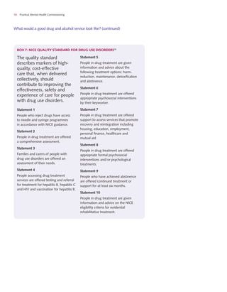 18 Practical Mental Health Commissioning
The quality standard
describes markers of high-
quality, cost-effective
care that, when delivered
collectively, should
contribute to improving the
effectiveness, safety and
experience of care for people
with drug use disorders.
Statement 1
People who inject drugs have access
to needle and syringe programmes
in accordance with NICE guidance.
Statement 2
People in drug treatment are offered
a comprehensive assessment.
Statement 3
Families and carers of people with
drug use disorders are offered an
assessment of their needs.
Statement 4
People accessing drug treatment
services are offered testing and referral
for treatment for hepatitis B, hepatitis C
and HIV and vaccination for hepatitis B.
Statement 5
People in drug treatment are given
information and advice about the
following treatment options: harm-
reduction, maintenance, detoxification
and abstinence.
Statement 6
People in drug treatment are offered
appropriate psychosocial interventions
by their keyworker.
Statement 7
People in drug treatment are offered
support to access services that promote
recovery and reintegration including
housing, education, employment,
personal finance, healthcare and
mutual aid.
Statement 8
People in drug treatment are offered
appropriate formal psychosocial
interventions and/or psychological
treatments.
Statement 9
People who have achieved abstinence
are offered continued treatment or
support for at least six months.
Statement 10
People in drug treatment are given
information and advice on the NICE
eligibility criteria for residential
rehabilitative treatment.
box 7: NICE quality standard for drug use disorders13
What would a good drug and alcohol service look like? (continued)
 