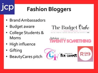 Fashion Bloggers
• BrandAmbassadors
• Budget aware
• College Students &
Moms
• High influence
• Gifting
• BeautyCares pitch
 
