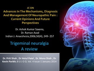 Dr. Ashok Kumar Saxena, 
Dr. Raman Azad 
Indian J. Anaeshesia,2006;50(4), 249- 257 
Trigeminal neuralgia 
A review 
Dr. Priti Shah , Dr Hetul Patel , Dr. Mona Shah , Dr. 
Kevin Parikh; B U J O D, Vol. 4 Issue-1 January 2014 
 