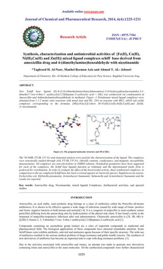 Available online www.jocpr.com
Journal of Chemical and Pharmaceutical Research, 2014, 6(4):1225-1231
Research Article
ISSN : 0975-7384
CODEN(USA) : JCPRC5
1225
HC
N
N
O
N
H
H
N
H
CH3
O O
OH
CH3S
H3C
CH3
HO
Synthesis, characterization and antimicrobial activities of [Fe(II), Co(II),
Ni(II),Cu(II) and Zn(II)] mixed ligand complexes schiff base derived from
amoxicillin drug and 4-(dimethylamino)benzaldehyde with nicotinamide
*Taghreed H. Al-Noor, Manhel Reemon Aziz and Ahmed T. AL- Jeboori
Department of Chemistry, Ibn -Al-Haithem College of Education for Pure Science, Baghdad University-Iraq
_____________________________________________________________________________________________
ABSTRACT
New Schiff base ligand (E)-6-(2-(4-(dimethylamino)benzylideneamino)-2-(4-hydroxyphenyl)acetamido)-3,3-
dimethyl-7-oxo-4-thia-1- azabicyclo[3.2.0]heptane-2-carboxylic acid = (HL) was synthesized via condensation of
Amoxicillin and 4(dimethylamino)benzaldehyde in methanol. Figure -1 Polydentate mixed ligand complexes were
obtained from 1:1:2 molar ratio reactions with metal ions and HL, 2NA on reaction with MCl2 .nH2O salt yields
complexes corresponding to the formulas [M(L)(NA)2Cl],where M=Fe(II),Co(II),Ni(II),Cu(II),and Zn(II),
A=nicotinamide .
Figure (1): The proposed molecular structure and 3D of (HL)
The 1
H-NMR, FT-IR, UV-Vis and elemental analysis were used for the characterization of the ligand. The complexes
were structurally studied through AAS, FT-IR, UV-Vis, chloride contents, conductance, and magnetic susceptibility
measurements. All complexes are non-electrolytes in DMSO solution. Octahedral geometries have been suggested
for each of the complexes. the Schiff base ligands function as tridentate and the deprotonated enolic form is
preferred for coordination. In order to evaluate the effect of the bactericidal activity, these synthesized complexes, in
comparison to the un complexed Schiff base has been screened against six bacterial species, Staphylococcus aureus,
Escherichia coli. Klebsiella pneumonia, Acinetobacter baumannii, Salmonella and Acinetobacter baumanni and the
results are reported.
Key words: Amoxicillin drug, Nicotinamide, mixed ligand) Complexes, Antibacterial activities, and spectral
studies.
_____________________________________________________________________________________________
INTRODUCTION
Amoxicillin, an acid stable, semi‐synthetic drug belongs to a class of antibiotics called the Penicillin (β‐lactam
antibiotics). It is shown to be effective against a wide range of infections caused by wide range of Gram ‐positive
and Gram‐ negative bacteria in both human and animals[1‐4]. It is a congener of ampicillin (a semi‐synthetic amino
penicillin) differing from the parent drug only by hydroxylation of the phenyl side chain. It has found a niche in the
treatment of ampicillin‐responsive infections after oral administration. Chemically amoxicillin is (2S, 5R, 6R) 6-
[[(2R)-2-Amino-2, 3, 3-dimethyl-7-oxo- 4-thia-1-azabicyclo[3.2.0]heptanes-2-carboxylic acid [1].
Compounds containing an azomethine group (imine) are a class of important compounds in medicinal and
pharmaceutical field. The biological applications of these compounds have attracted remarkable attention. Some
Schiff‐bases were exhibits antibiotic, antiviral and antitumor agents because of their specific structure. The wide use
of antibiotics resulted in the serious medical problem of drugs resistance and public health concern. The synthesis of
new derivatives of antibiotics has become an important task to cope with drug resistance problems. [1].
Due to the activities associated with amoxicillin and imines, an attempt was made to generate new derivatives
containing imine and amoxicillin in the same molecules. All the synthesized compounds were further characterized
 