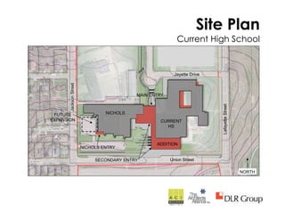 Site Plan
Current High School
NICHOLS
CURRENT
HS
Union Street
LafayetteStreet
NORTH
MAIN ENTRY
NICHOLS ENTRY
SECONDARY ENTRY
Jayette Drive
JacksonStreet
ADDITION
FUTURE
EXPANSION
 