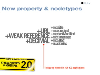 New property & nodetypes


                              +mix:title
              +URL            +mix:created
                              +mix:lastModified
   +WEAK REFERENCE            +mix:language
          +DECIMAL            +mix:etag
                              +nt:address


    NEW & IMPROVED

#7 NEW PROPERTY
  & NODETYPES
                  2.0   Things we missed in JCR 1.0 applications
 