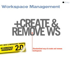 Workspace Management




          +CREATE &
          REMOVE WS
               2.0
           PROVED
  NEW & IM

#8 WORKSPACE         Standardized way of create and remove
 MANAGEMENT          workspaces
 