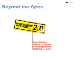 Beyond the Spec.


            NEW
                  & IMP
     APACHE             ROVE

     NEW & PJACKRABBIT
                         2.0
                             D

            ROVEN ;)




                         Robust Code base
                         Fully JCR 2.0 Compliant ;)
                         More tooling than ever
                         Established eco-system
 
