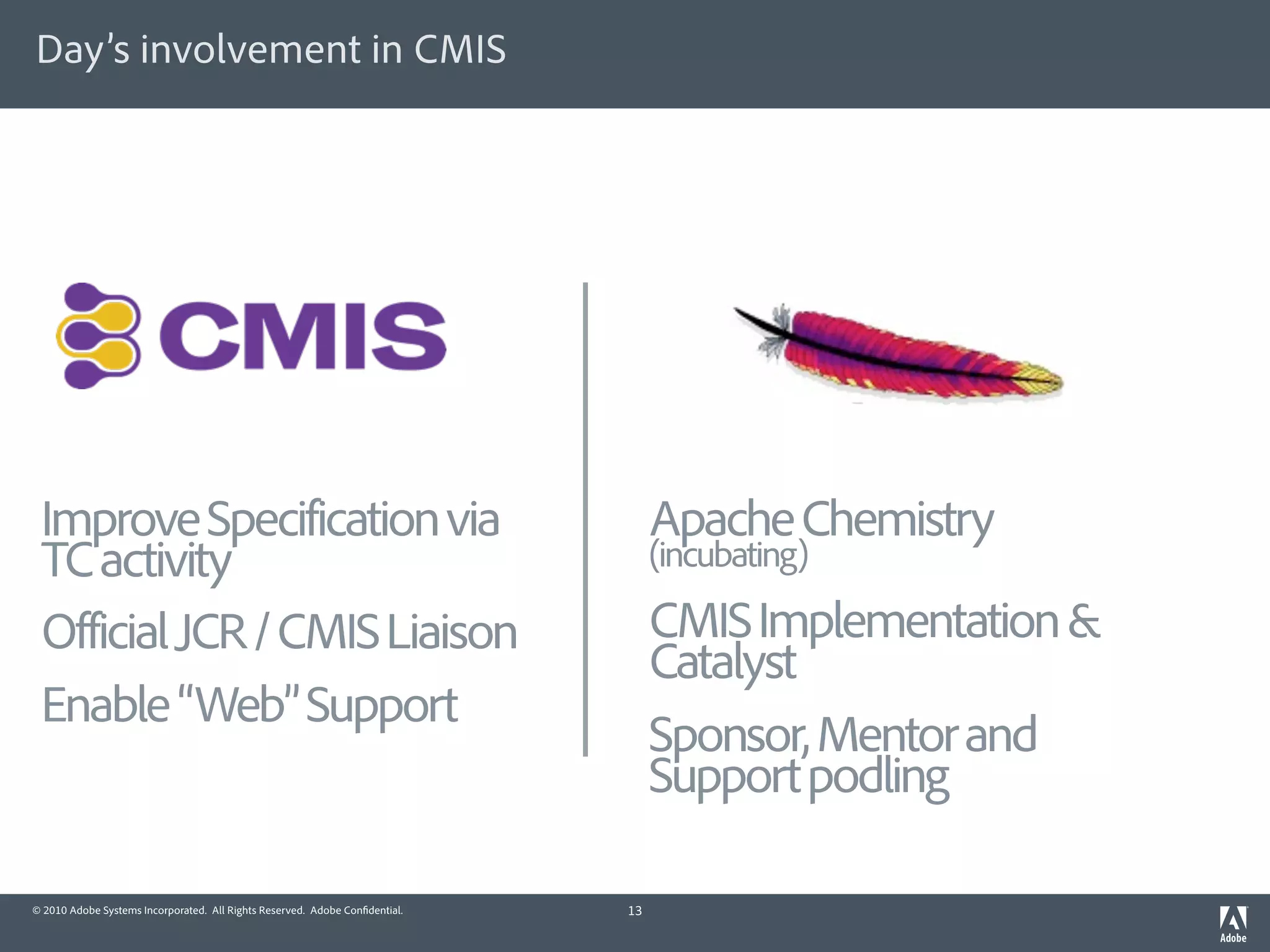 Day’s involvement in CMIS




 Improve Specification via                                                        Apache Chemistry
 TC activity                                                                      (incubating)

 Official JCR / CMIS Liaison                                                      CMIS Implementation &
                                                                                  Catalyst
 Enable “Web” Support
                                                                                  Sponsor, Mentor and
                                                                                  Support podling

© 2010 Adobe Systems Incorporated. All Rights Reserved. Adobe Con dential.   13
 