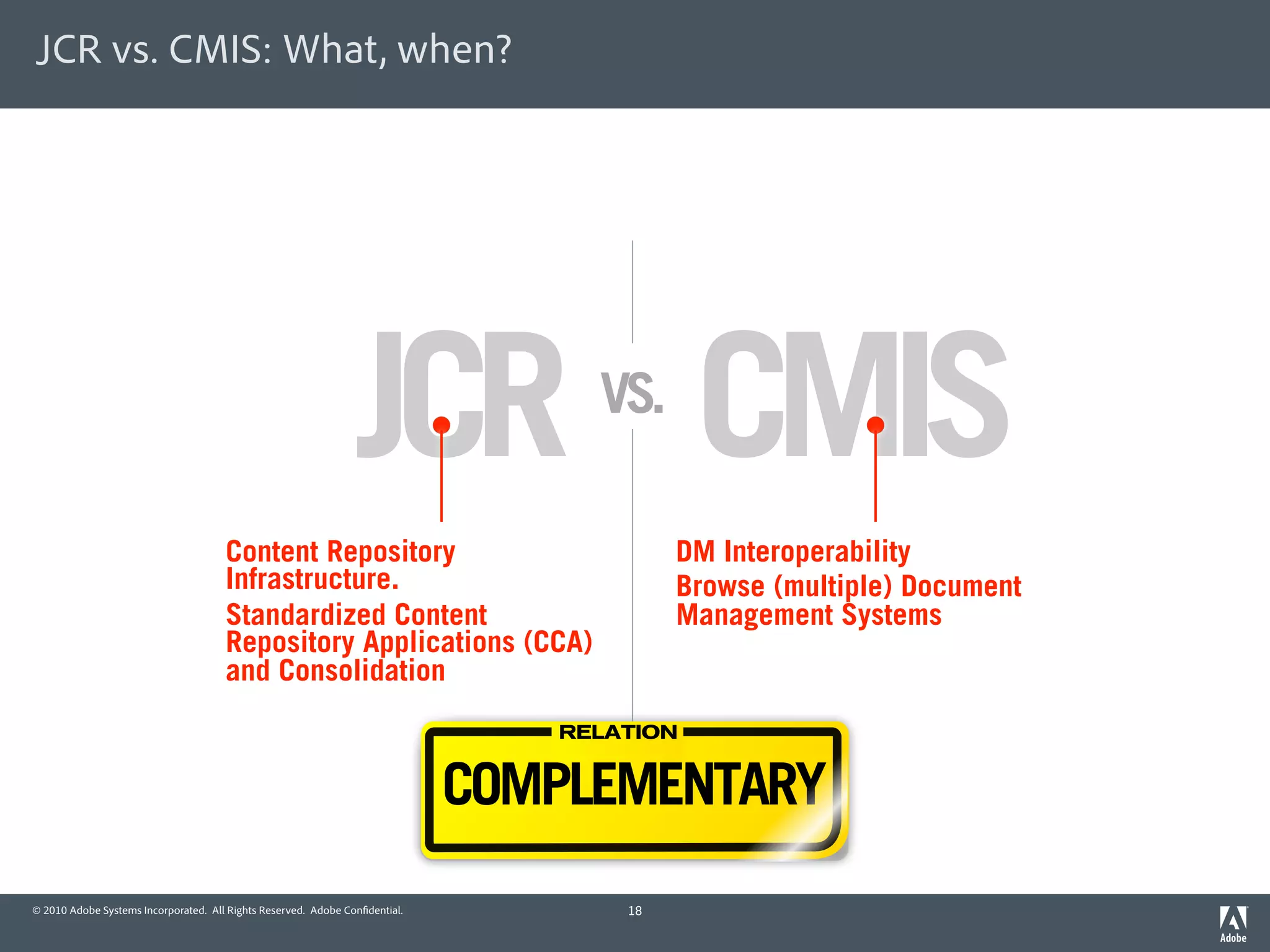 JCR vs. CMIS: What, when?




                                                                JCR CMIS          VS.

                                      Content Repository                                 DM Interoperability
                                      Infrastructure.                                    Browse (multiple) Document
                                      Standardized Content                               Management Systems
                                      Repository Applications (CCA)
                                      and Consolidation
                                                                                RELATION


                                                                             COMPLEMENTARY
© 2010 Adobe Systems Incorporated. All Rights Reserved. Adobe Con dential.          18
 