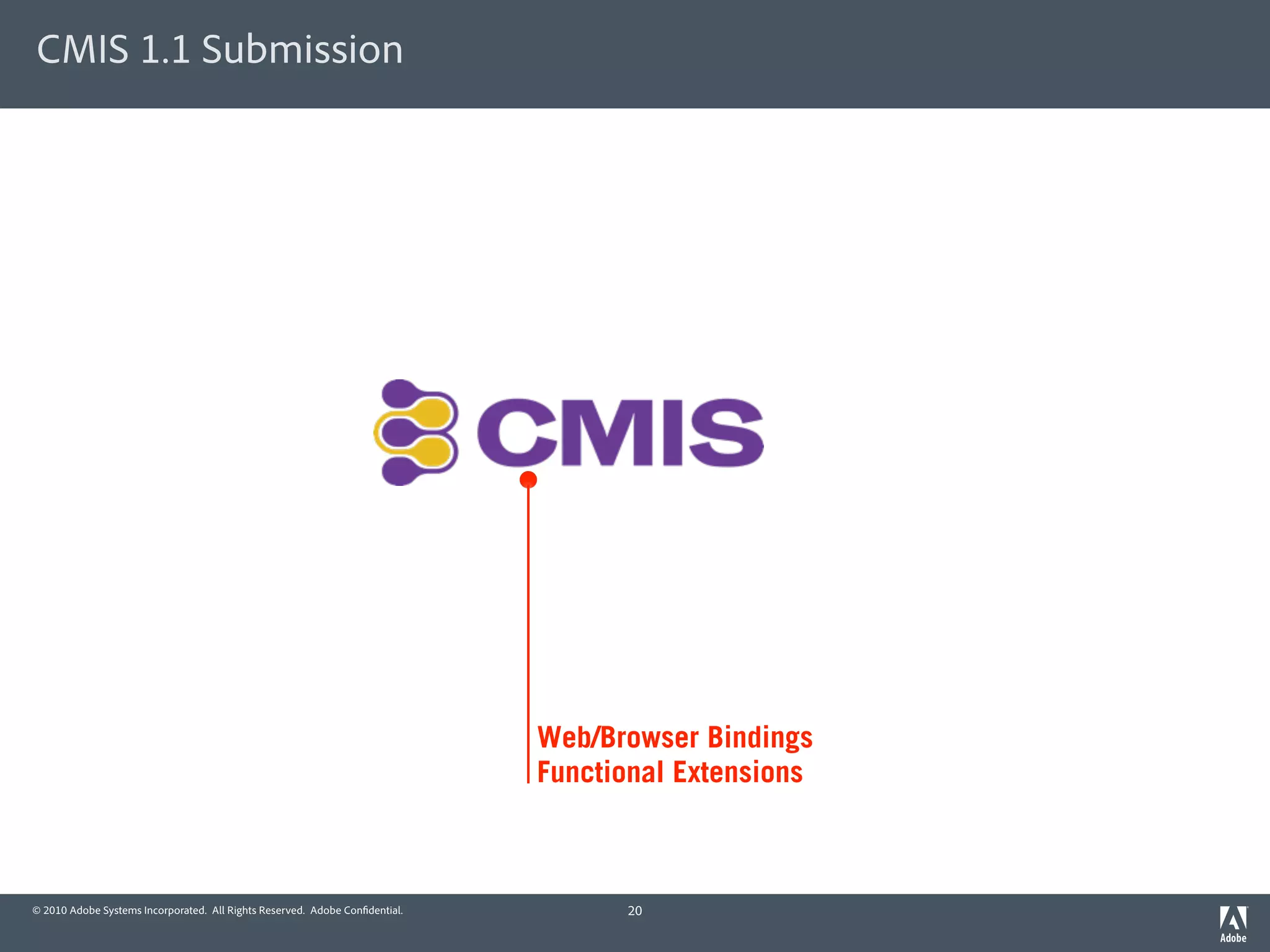 CMIS 1.1 Submission




                                                                             Web/Browser Bindings
                                                                             Functional Extensions



© 2010 Adobe Systems Incorporated. All Rights Reserved. Adobe Con dential.         20
 