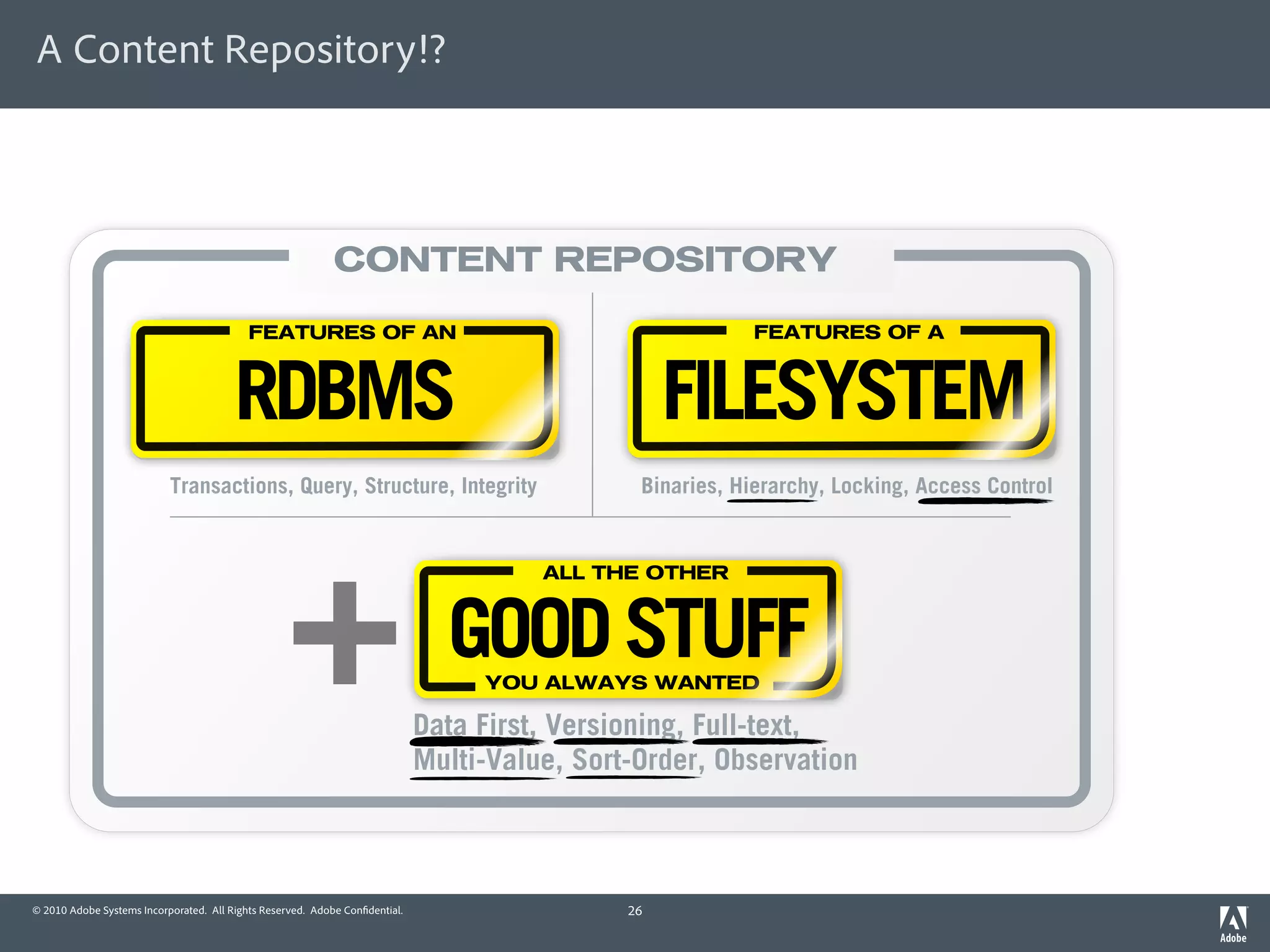 A Content Repository!?



                                                            CONTENT REPOSITORY

                                           FEATURES OF AN                                                  FEATURES OF A



                                        RDBMS                                                      FILESYSTEM
                           Transactions, Query, Structure, Integrity                           Binaries, Hierarchy, Locking, Access Control




                                                   +
                                                                                       ALL THE OTHER



                                                                               GOOD STUFF
                                                                                  YOU ALWAYS WANTED

                                                                             Data First, Versioning, Full-text,
                                                                             Multi-Value, Sort-Order, Observation



© 2010 Adobe Systems Incorporated. All Rights Reserved. Adobe Con dential.                    26
 