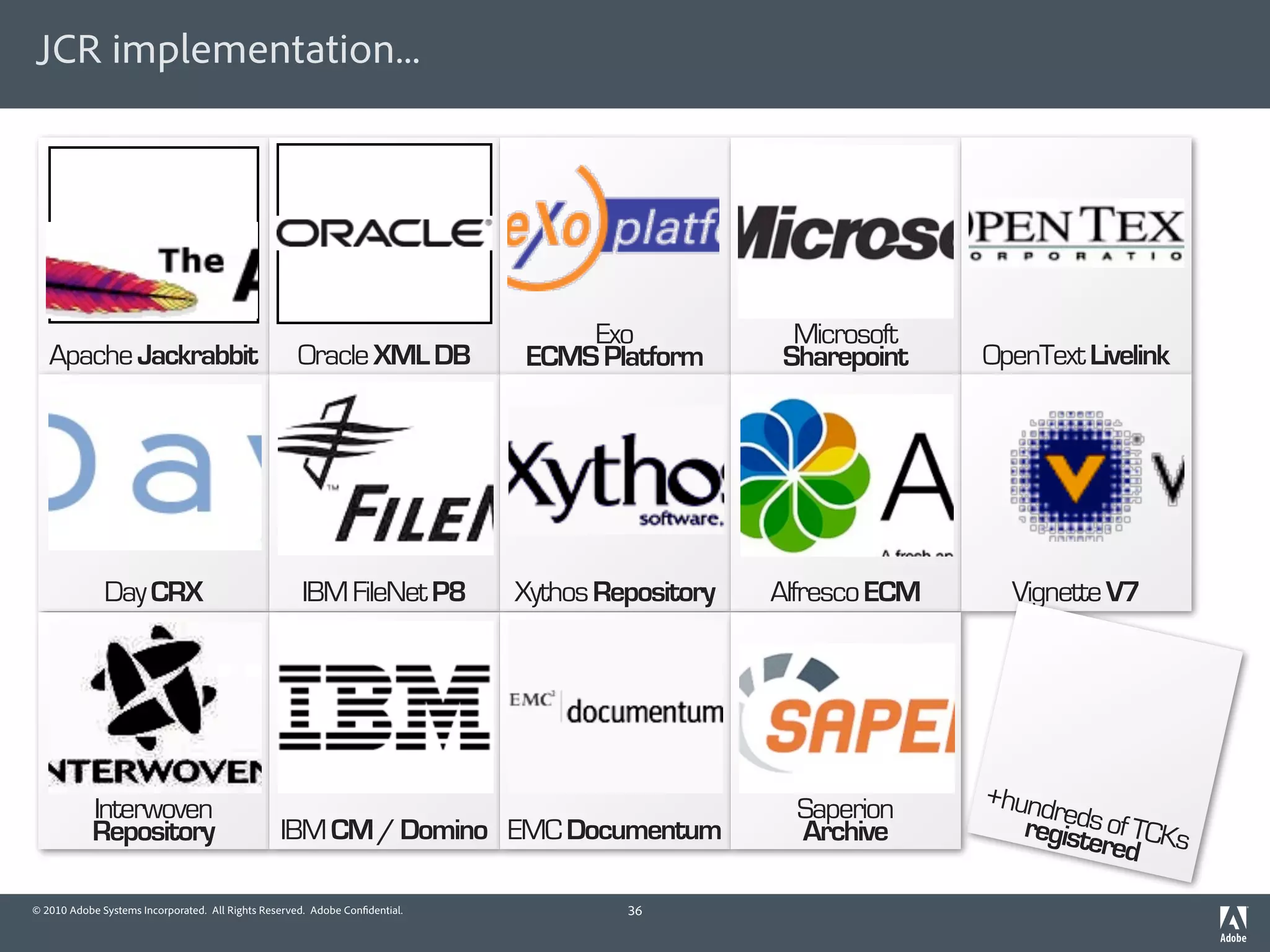 JCR implementation...




                                                                                 Exo               Microsoft
   Apache Jackrabbit                                 Oracle XML DB           ECMS Platform        Sharepoint    OpenText Livelink




              Day CRX                                IBM FileNet P8          Xythos Repository   Alfresco ECM     Vignette V7




           Interwoven                                                                              Saperion     +hund
                                                                                                                     r s
           Repository                            IBM CM / Domino EMC Documentum                    Archive         regiede of TCKs
                                                                                                                       st red

© 2010 Adobe Systems Incorporated. All Rights Reserved. Adobe Con dential.            36
 