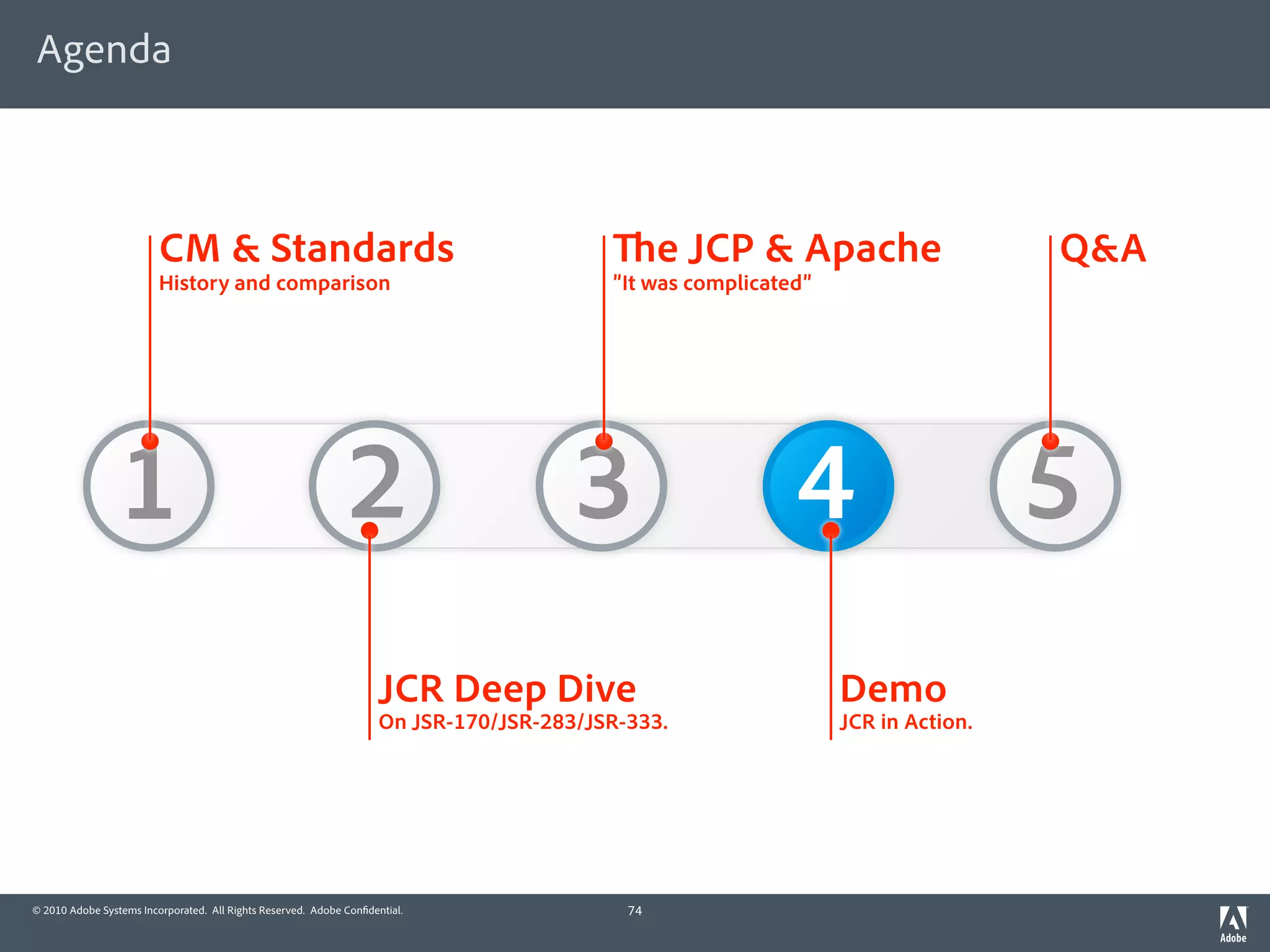 Agenda



                         CM & Standards                                                          e JCP & Apache                   Q&A
                         History and comparison                                           ”It was complicated”




                 1                                            2                        3                    4                     5
                                                                     JCR Deep Dive                               Demo
                                                                     On JSR-170/JSR-283/JSR-333.                 JCR in Action.




© 2010 Adobe Systems Incorporated. All Rights Reserved. Adobe Con dential.                  74
 
