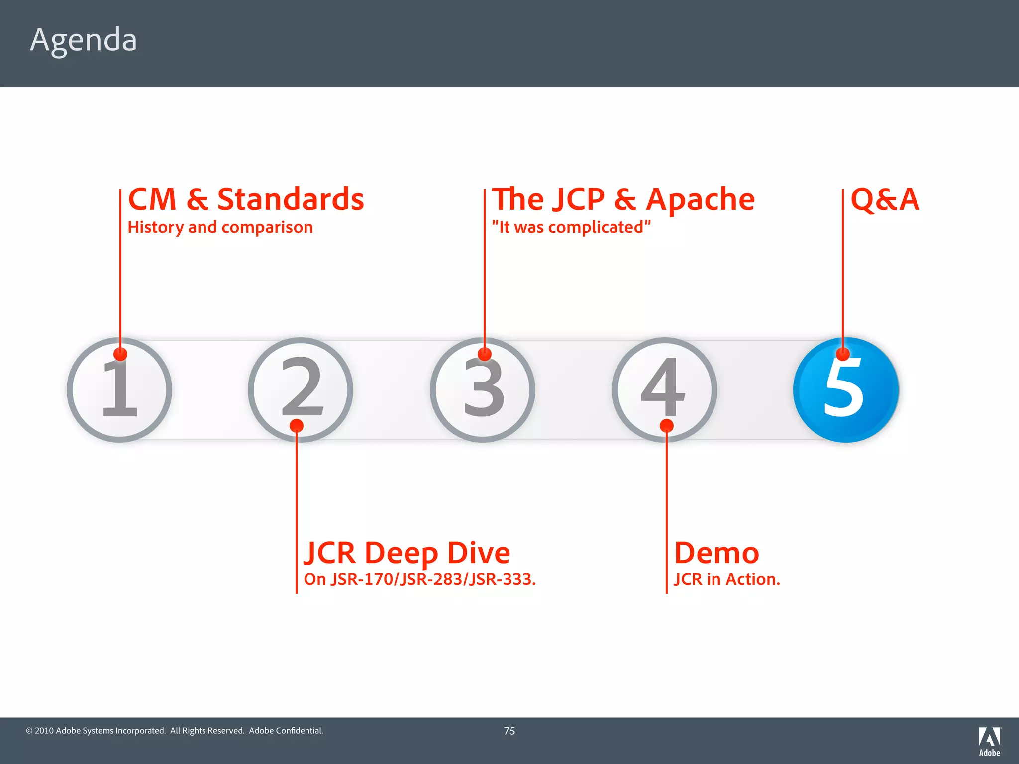 Agenda



                         CM & Standards                                                          e JCP & Apache                   Q&A
                         History and comparison                                           ”It was complicated”




                 1                                            2                        3                    4                     5
                                                                     JCR Deep Dive                               Demo
                                                                     On JSR-170/JSR-283/JSR-333.                 JCR in Action.




© 2010 Adobe Systems Incorporated. All Rights Reserved. Adobe Con dential.                  75
 