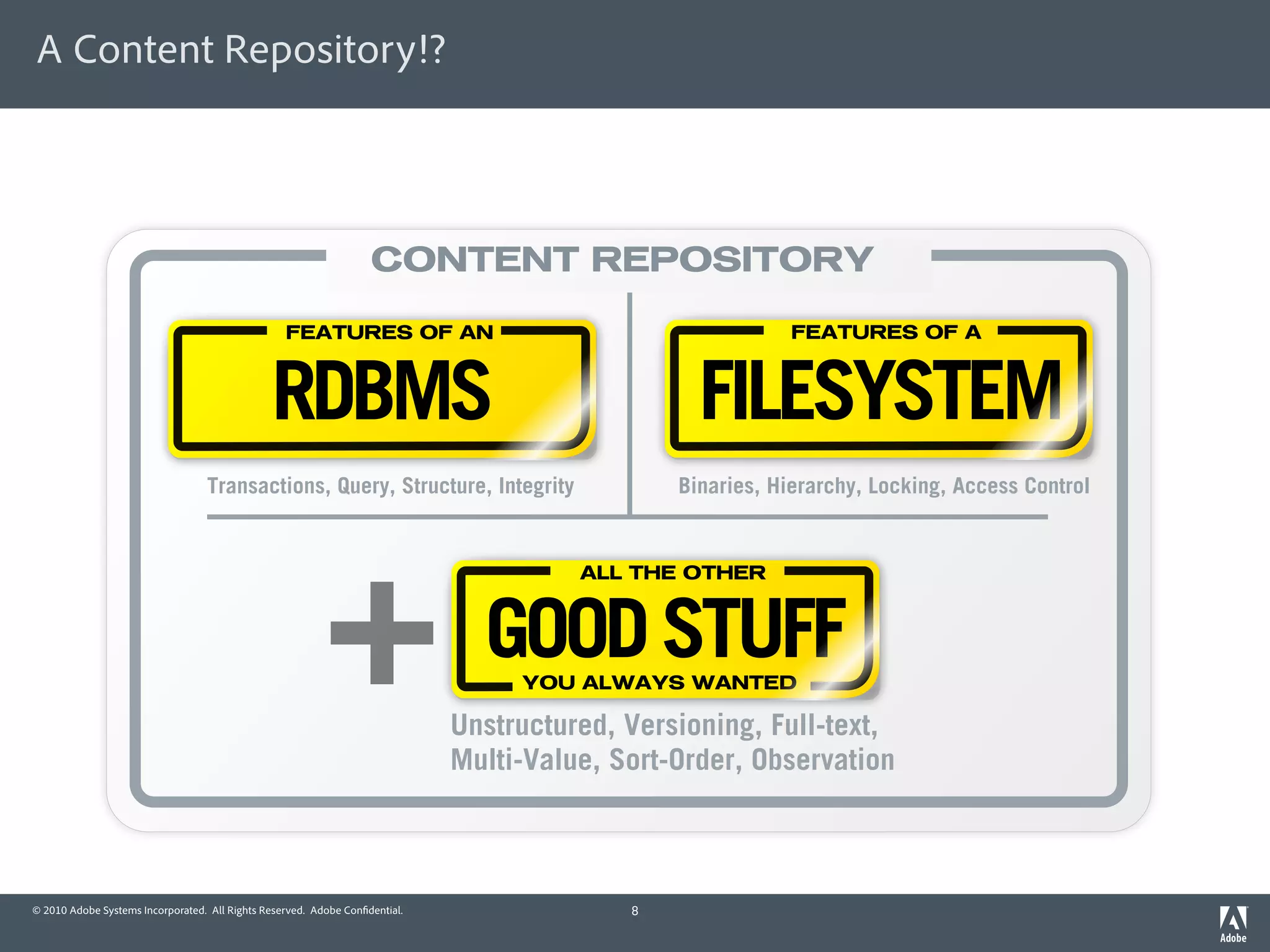 A Content Repository!?



                                                                   CONTENT REPOSITORY

                                                  FEATURES OF AN                                           FEATURES OF A



                                               RDBMS                                             FILESYSTEM
                                  Transactions, Query, Structure, Integrity                    Binaries, Hierarchy, Locking, Access Control




                                                          +
                                                                                       ALL THE OTHER



                                                                               GOOD STUFF
                                                                                  YOU ALWAYS WANTED

                                                                             Unstructured, Versioning, Full-text,
                                                                             Multi-Value, Sort-Order, Observation



© 2010 Adobe Systems Incorporated. All Rights Reserved. Adobe Con dential.                 8
 