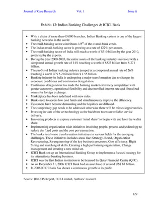 Journal of Case Research Vol. 1 Issue ii
129
Exhibit 12: Indian Banking Challenges & ICICI Bank
• With a chain of more than 65,000 branches, Indian Banking system is one of the largest
banking networks in the world
• The retail-banking sector contributes 1/5th
of the overall bank credit.
• The Indian retail-banking sector is growing at a rate of 122% per annum.
• The retail-banking sector of India will reach a worth of $310 billion by the year 2010,
predicted by the experts.
• During the year 2000-2005, the entire assets of the banking industry increased with a
compound annual growth rate of 14% touching a worth of $523 billion from $ 271
billion.
• The profits of Indian banking industry jumped at a compound annual rate of 26%
touching a worth of $ 5.2 billion from $ 1.55 billion.
• Banking industry in India is undergoing a major transformation due to changes in
economic conditions and continuous deregulation.
• Continuous deregulation has made the banking market extremely competitive with
greater autonomy, operational flexibility and decontrolled interest rate and liberalized
norms for foreign exchange.
• Marketplace has been redefined with new rules.
• Banks need to access low cost funds and simultaneously improve the efficiency.
• Customers have become demanding and the loyalties are diffused.
• The competency gap needs to be addressed otherwise there will be missed opportunities.
• Investing in state of the art technology as the backbone to ensure reliable service
delivery.
• Innovating products to capture customer ‘mind share’ to begin with and later the wallet
share.
• Implementing organization wide initiatives involving people, process and technology to
reduce the fixed costs and the cost per transaction.
• The banks need some transformation initiatives in various fields for the emerging
challenges. These initiatives includes areas like; Strategy, Brand, Organization
Restructuring, Re-engineering of the key business processes, Cost efficiency, Right
Sizing and matching of skills, Creating a high performing organization, Change
management and creating a new mind set.
• ICICI Bank set-up an International Banking Group to implement a focused strategy for
its international banking business.
• ICICI was the first Indian institution to be licensed by Qatar Financial Centre (QFC).
• As on December 31, 2006 ICICI Bank had an asset base of around US$ 67 billion.
• In 2006 ICICI Bank has shown a continuous growth in its profit.
Source: RNCOS Report, ECS Limited, Authors’ research
 