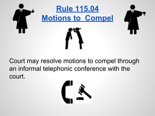 Rule 115.04
Motions to Compel
Court may resolve motions to compel through
an informal telephonic conference with the
court.
 